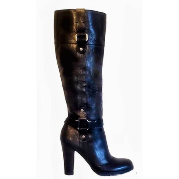NINE WEST Happiest Black Leather Harnessed Knee High Boot Size 7M - Picture 1 of 9